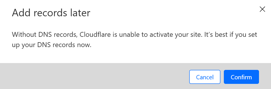 Add DNS records pop-up Add DNS records pop-up.