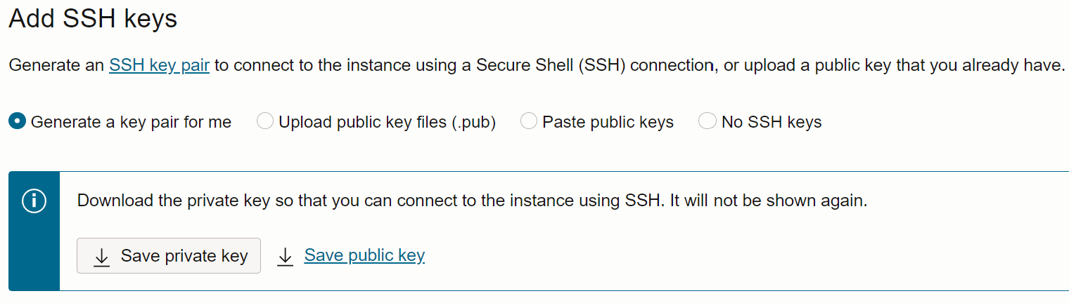 SSH key settings when creating a compute instance in OCI SSH key settings when creating a compute instance in OCI.