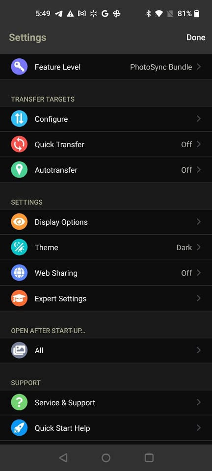 PhotoSync settings PhotoSync settings.