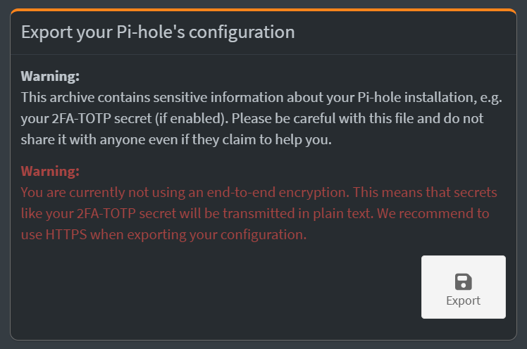 Export a Pi-Hole configuration Export a Pi-Hole configuration.