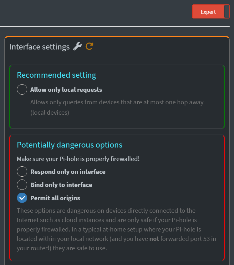 Setting Pi-Hole interface to permit all origins Setting Pi-Hole interface to permit all origins.