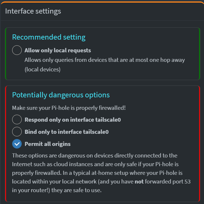 Setting Pi-hole to permit all origins Setting Pi-hole to permit all origins.