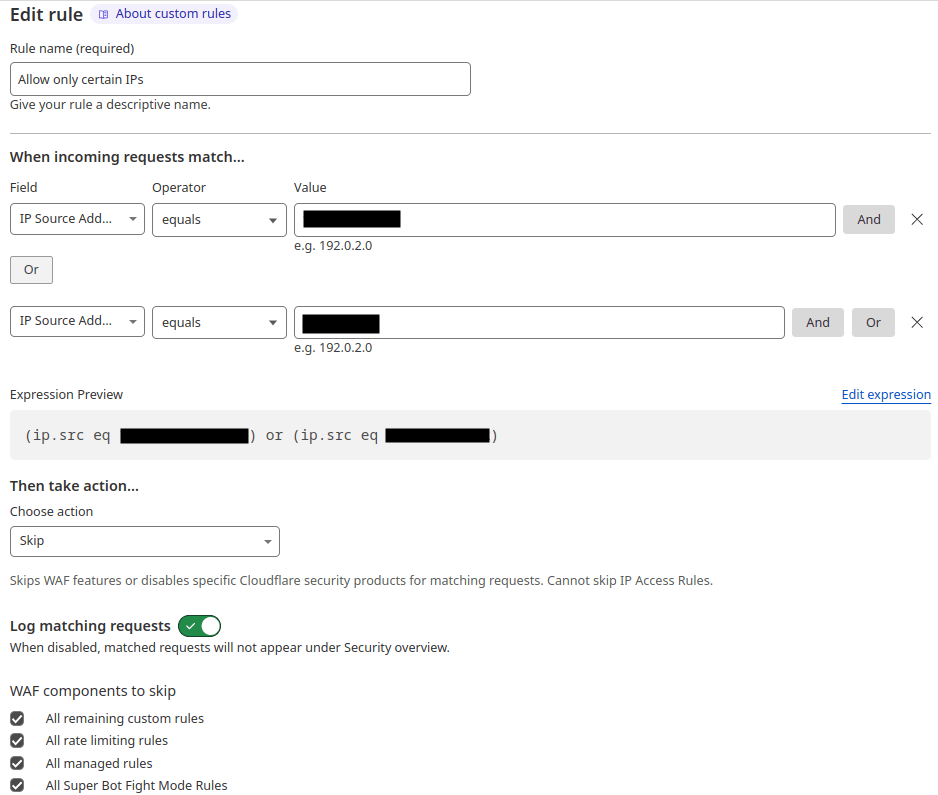 Creating WAF custom rule for allowed IPs to bypass WAF Creating WAF custom rule for allowed IPs to bypass WAF.