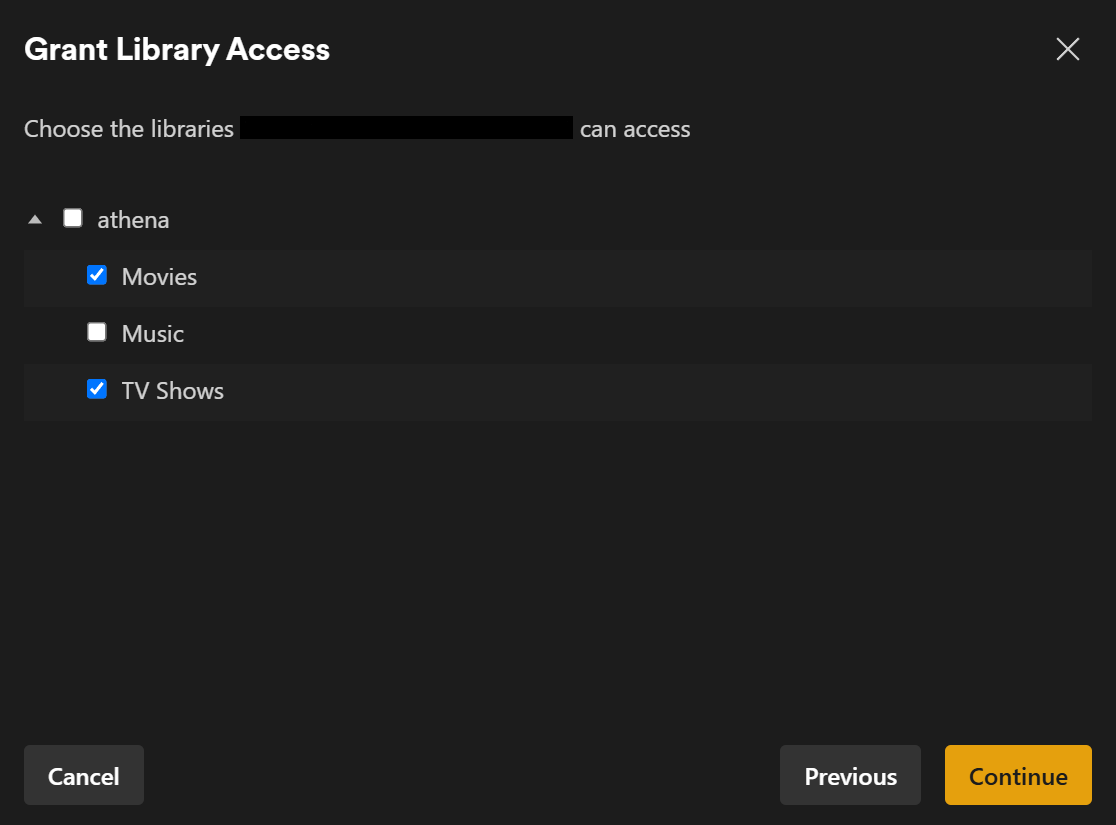 Choosing libraries to share in Plex Choosing libraries to share in Plex.