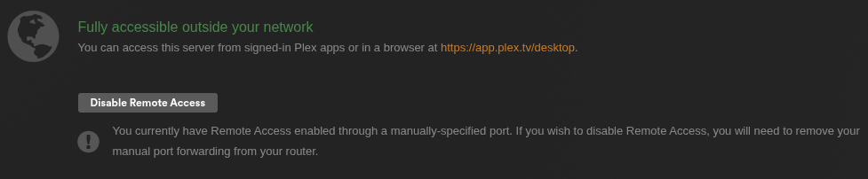 A screenshot of the Plex Media Server web-based user interface, settings page