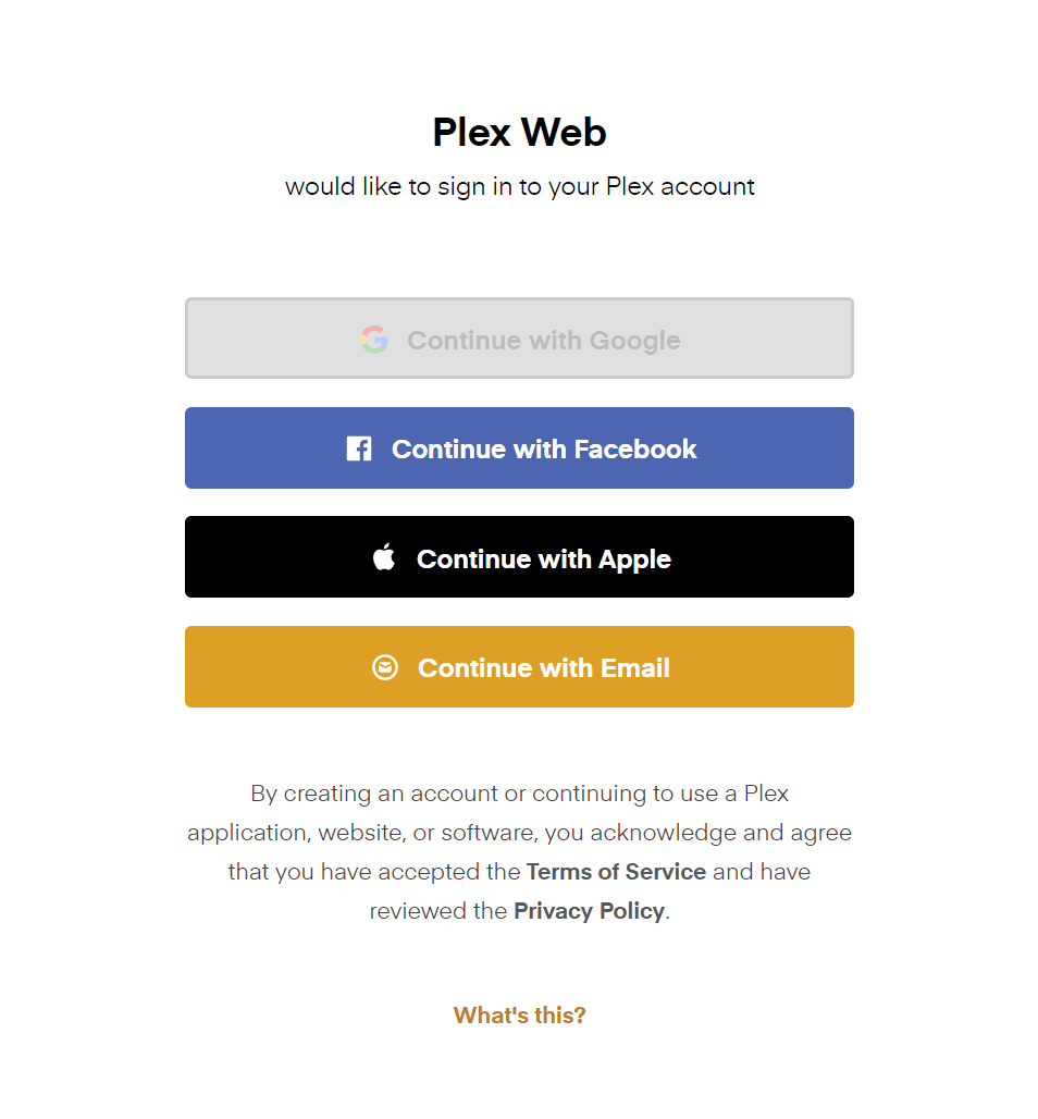 Plex Media Server login page Plex Media Server login page.