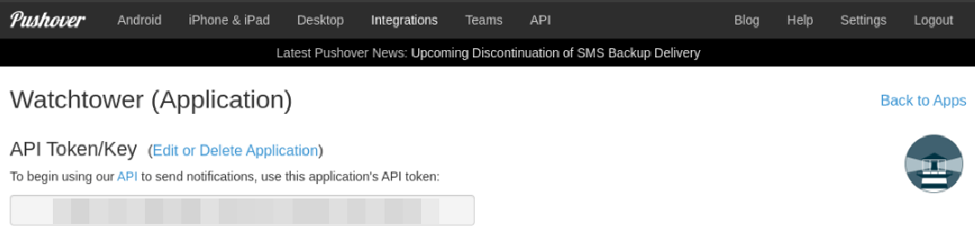 Pushover API Token for created application Pushover API Token for created application.