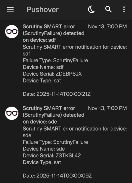 Scrutiny notifications about specific drive errors via Pushover Scrutiny notifications about specific drive errors via Pushover.