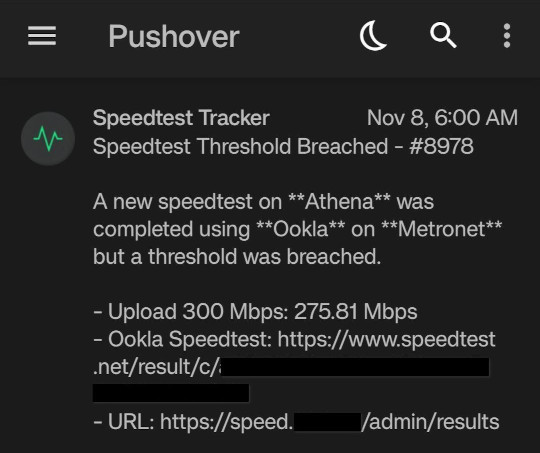Speedtest Tracker push notification with Pushover Speedtest Tracker push notification with Pushover