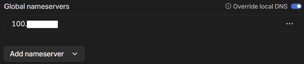 Custom nameserver with Override local DNS toggled on Custom nameserver with Override local DNS toggled on.
