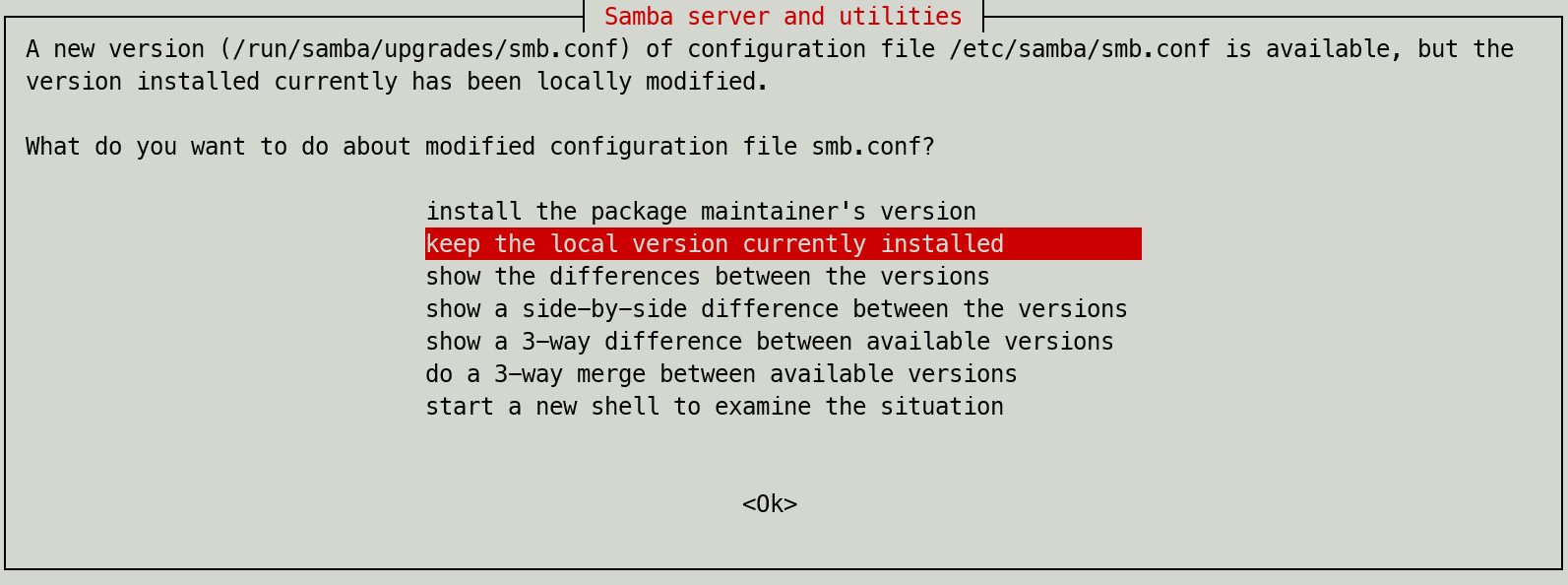 Prompt asking which version of SMB config file to keep Prompt asking which version of SMB config file to keep.